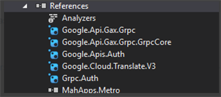 Visual Studio project references list including Google.Api.Gax.Grpc, Google.Cloud.Translate.V3, and other related libraries.