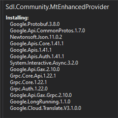 Image displaying a list of installed libraries for Trados Studio's MT Enhanced Provider, including Google.Apis.Auth version 1.22.0.