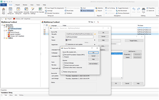 Screenshot of Trados Studio with Passolo Pro 2018 project settings dialog open, showing the 'Extract other binary resources' option checked.