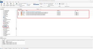 Screenshot of Trados Studio with the 'Projects' view active, displaying a list of source files and their corresponding assembly details highlighted in red.