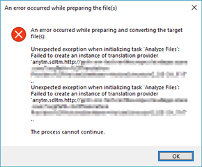 Error dialog in Trados Studio showing 'An error occurred while preparing the file(s)' with details 'Unexpected exception when initializing task 'Analyze Files': Failed to create an instance of translation provider anytm.sdltm.http:...'. The process cannot continue.