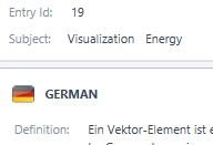Screenshot of a Trados Studio entry showing Entry Id: 19, Subject: Visualization Energy, with a German flag icon and a definition in German language.