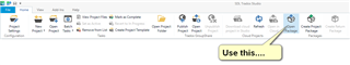 Trados Studio ribbon menu highlighting the 'Open Package' button with a yellow arrow and text 'Use this...'.