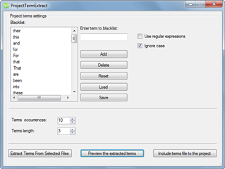 Trados Studio ProjectTerm Extract settings window with blacklist options and terms occurrence settings.