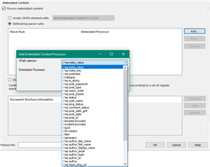 Embedded Content Processor selection window in Trados Studio with a list of parser rules and associated file types for processing embedded content.