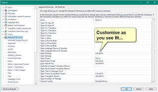 Options dialog in Trados Studio showing a list of commands with 'Open Package' selected and a tooltip saying 'Customise as you see fit...'.