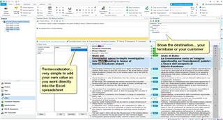 Screenshot of Trados Studio interface showing the Termexcelerator app in use, with an Excel spreadsheet open for adding terms directly during a project.