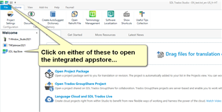 Screenshot of Trados Studio welcome screen with pointers to 'Open Project Package' and 'Open Trados GroupShare Project' for accessing the integrated appstore.