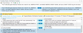 Screenshot of Trados Studio displaying translation results with a highlighted message that the platform rules again.