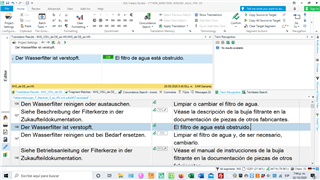 SDL Trados Studio 2019 interface showing a segment with the term 'Wasserfilter' not highlighted in the term recognition window.