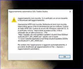 Error message in Trados Studio update process stating 'Automatic update failed. An error occurred during the download of the file. HTTP status code 200. Windows API error code 32.' with a file path mentioned.