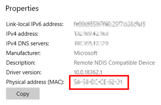 Screenshot of Windows network settings showing properties including IPv6 address, IPv4 address, DNS servers, manufacturer, description, driver version, and highlighted physical address (MAC).