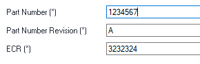 Input fields for Part Number, Part Number Revision, and ECR with values '1234567', 'A', and '3232324' respectively.