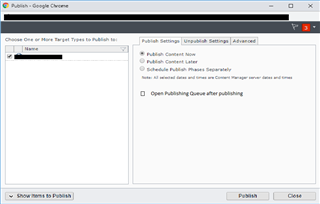 Screenshot of Tridion Sites Ideas 'Publish' dialog box in Google Chrome with options to choose target types to publish, publish settings, and a checkbox to open publishing queue after publishing.