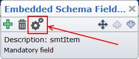 Screenshot showing the Embedded Schema Field interface in Tridion Sites with a gear icon, a red arrow pointing to it, and a description 'smltItem' indicating a mandatory field.