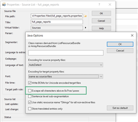 Passolo project settings window showing Java Options with 'Escape all characters above 0x7f as uxxxx' checkbox checked.