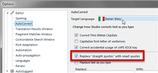 Trados Studio Options menu with AutoCorrect settings for Italian showing 'Replace straight quotes with smart quotes' checked.