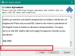 Screenshot of Trados Studio Ideas plugin installer with an invisible 'Agree' checkbox, showing License Agreement text and Next, Back, and Cancel buttons.