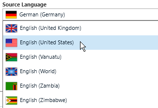 Dropdown menu for selecting source language in Trados Studio with English (United States) highlighted.
