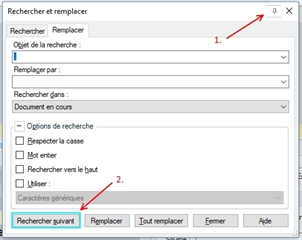 Screenshot of Trados Studio's Search and Replace Dialog with a red arrow pointing to the top right corner indicating the need for a pin feature, and another arrow pointing to the 'Search Next' button suggesting a default button feature.