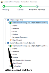 Image after second click showing expanded 'Update' option under 'English (Canada) -> French (Canada)' Translation Memory and Automated Translation.