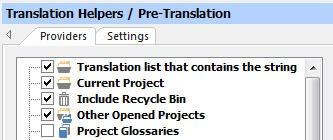Trados Studio Translation HelpersPre-Translation settings with checkboxes for Current Project, Include Recycle Bin, Other Opened Projects, and Project Glossaries.