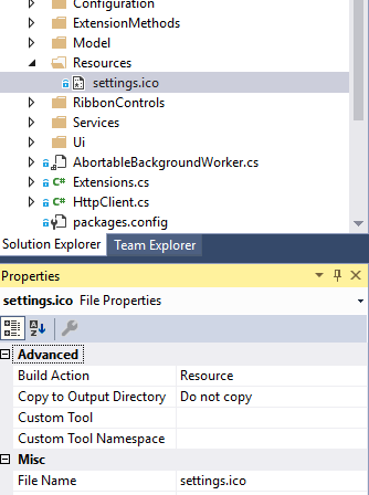 Screenshot of Trados Studio Solution Explorer showing settings.ico file selected with its properties displayed, including Build Action set to Resource.