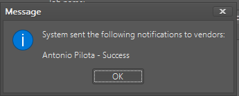 Information message box from Trados Studio showing 'System sent the following notifications to vendors: Antonio Pilota - Success' with an OK button.