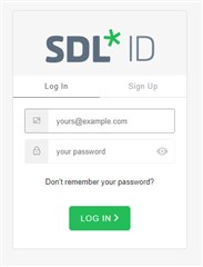 SDL ID login window with fields for email and password and a 'LOG IN' button.