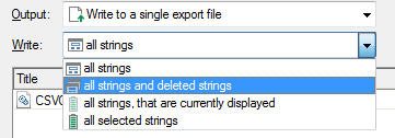 Dropdown menu in Trados Studio with options to write to a single export file, including all strings, all strings and deleted strings, all strings that are currently displayed, and all selected strings.