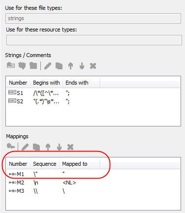 Trados Studio settings showing text parsing rules for Apple iPhoneMac (*.strings) with mappings for escape sequences. Three mappings are highlighted: M1 for double quote, M2 for newline, and M3 for backslash.