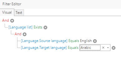 Trados Studio Filter Editor window showing conditions: 'Language list' exists, 'Source language' equals English, 'Target language' equals Arabic.