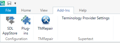 Screenshot of Trados Studio ribbon with a missing icon for 'Terminology Provider Settings' in the Add-Ins tab.