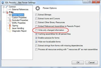 SDL Passolo - .Net Parser Settings window with Parser Options tab selected. The 'Write only changed information' checkbox is highlighted indicating it can be deselected.