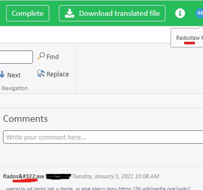 Screenshot of Trados Live showing the name 'Radosław' displayed with an improper character encoding in the comments section.