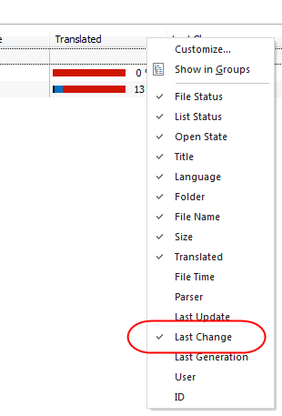 Screenshot showing the right-click menu in Passolo Ideas with 'Last Change' option highlighted.