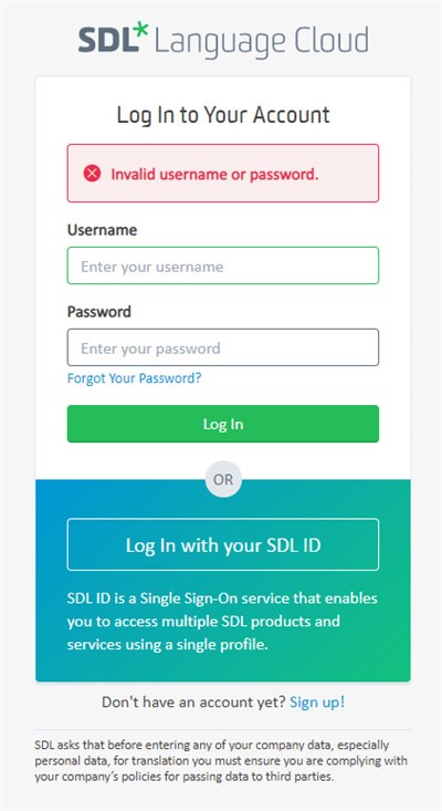 Error message on SDL Language Cloud login page stating 'Invalid username or password.' with fields for username and password.