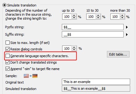Trados Studio simulation settings with options for prefix and suffix strings, resize dialog controls, and a checked option to generate language-specific characters. A warning is highlighted indicating 'Don't change translated strings'.