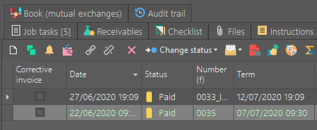 Screenshot of Trados Studio Business Administrator showing a list of invoices with 'Corrective invoice' column, all marked as 'Paid' and a 'Change status' button.
