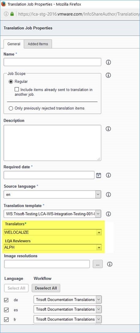 Screenshot of Translation Job Properties in Mozilla Firefox showing fields for Name, Job Scope, Description, Required date, Source language, Translation template, and a dropdown for Translators with 'WELOCALIZE' selected.