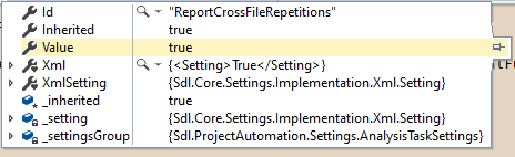 Debugging window in Trados Studio showing 'ReportCrossFileRepetitions' property set to 'true' despite being set to 'False' in the template.