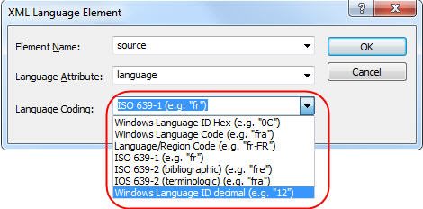 Trados Studio dialog box showing XML Language Element with options for Language Coding, including ISO and Windows Language ID codes.