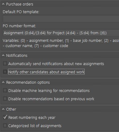 Trados Studio settings showing Notifications section with options 'Automatically send notifications about new assignments' and 'Notify other candidates about assigned work' checked.