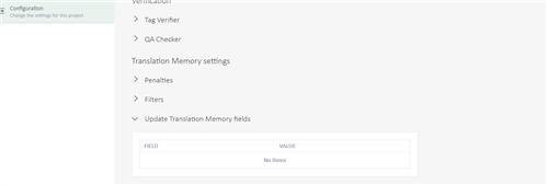 Screenshot of Trados Studio showing the 'Update Translation Memory fields' section under 'Translation Memory settings' with empty fields and a message 'No Items'.