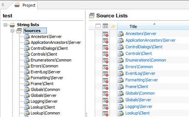 Screenshot of Trados Studio displaying a customized file structure under 'String lists' with unique titles like 'AncestorsServer' and 'ApplicationAncestorsServer', making navigation easier for project managers and translators.