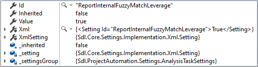 Debugging window in Trados Studio showing 'ReportInternalFuzzyMatchLeverage' property set to 'true' despite being set to 'False' in the template.