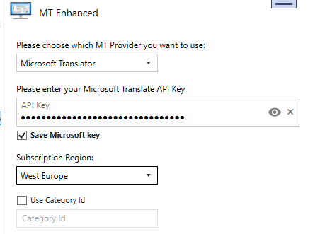 Trados Studio MT Enhanced settings window showing dropdown for selecting Microsoft Translator as MT Provider, field for entering Microsoft Translate API Key, checkbox to save key, dropdown for Subscription Region set to West Europe, and unchecked 'Use Category Id' option.