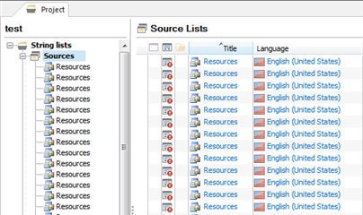 Screenshot of Trados Studio showing a project with a list of files named 'Resources' repeated multiple times under 'String lists' and 'Source Lists' with titles derived from file names in English (United States).