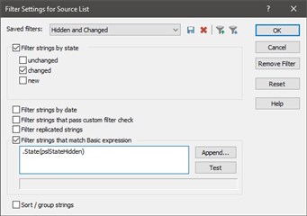 Screenshot of Passolo Ideas filter settings dialog box with options to filter strings by state, date, custom filter check, and matching Basic expression.
