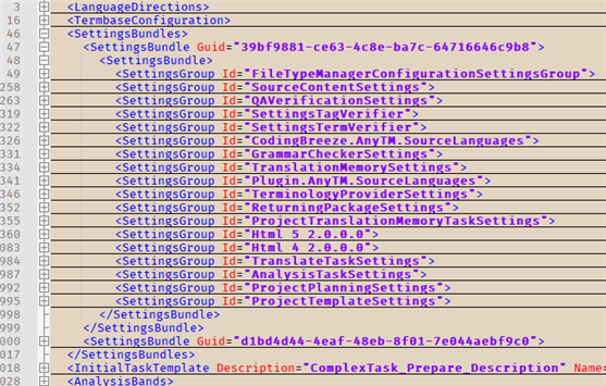 Screenshot of an XML file with Trados Studio project settings highlighting the 'SettingsBundle' section with various 'SettingsGroup' IDs including 'FileTypeManagerConfiguration' and 'Html 5 2.8.0.0'.